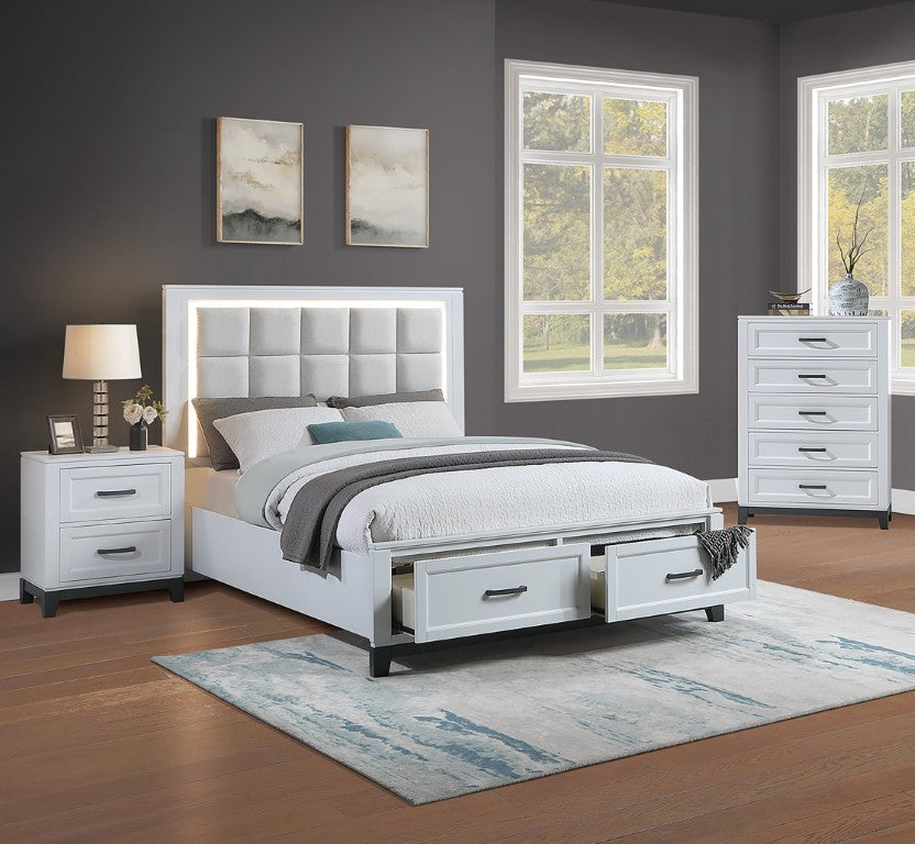 English Elm 3Pc Bedroom Set Grid Tufted Upholstered Platform Bed with LED Lighting and Storage Eastern King B011S04353