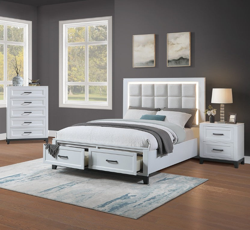 English Elm 3Pc Bedroom Set Grid Tufted Upholstered Platform Bed with LED Lighting and Storage Eastern King B011S04353