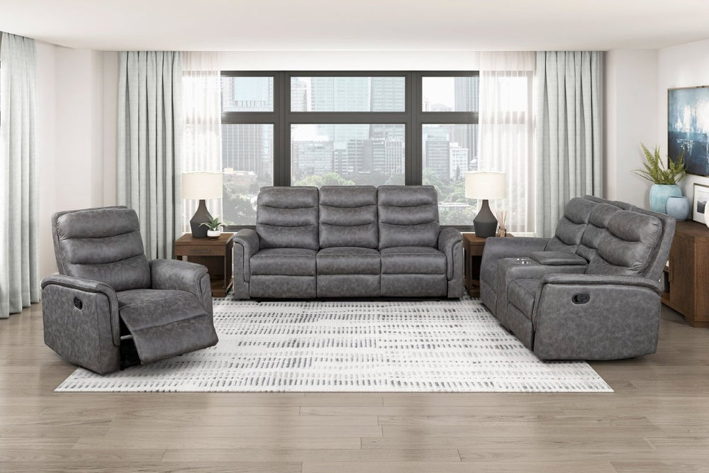 English Elm Gray Microfiber 3 Piece Reclining Sofa Set with Storage Console and Cup Holders B011S04356