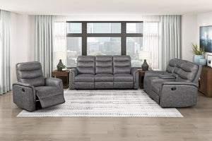 English Elm Gray Microfiber 3 Piece Reclining Sofa Set with Storage Console and Cup Holders B011S04356