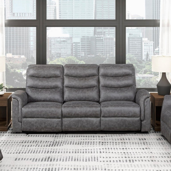 English Elm Gray Microfiber 3 Piece Reclining Sofa Set with Storage Console and Cup Holders B011S04356