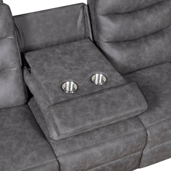English Elm Gray Microfiber 3 Piece Reclining Sofa Set with Storage Console and Cup Holders B011S04356
