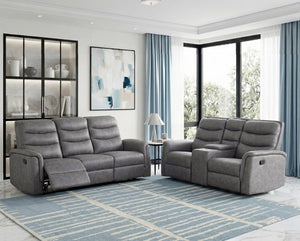 English Elm Modern Microfiber Reclining Sofa with Drop Down Table and Cup Holders for Living Room Gray 2pc Set B011S04357
