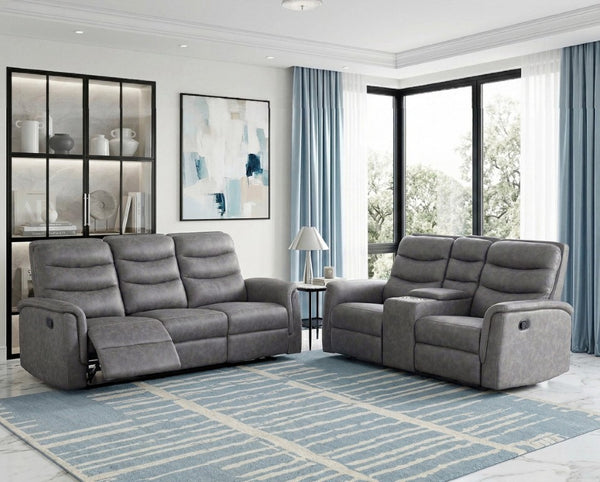 English Elm Modern Microfiber Reclining Sofa with Drop Down Table and Cup Holders for Living Room Gray 2pc Set B011S04357