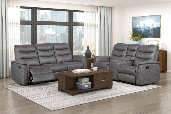 English Elm Modern Microfiber Reclining Sofa with Drop Down Table and Cup Holders for Living Room Gray 2pc Set B011S04357