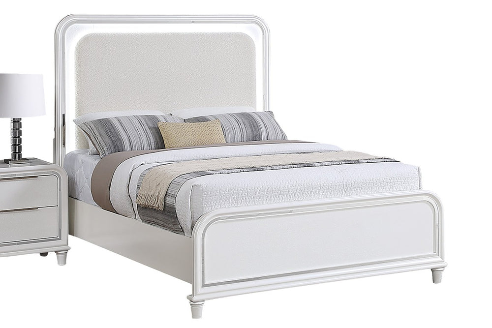 English Elm Elegant Pearl White Eastern King Platform Bed with LED Lighting and Upholstered Panels B011S04360