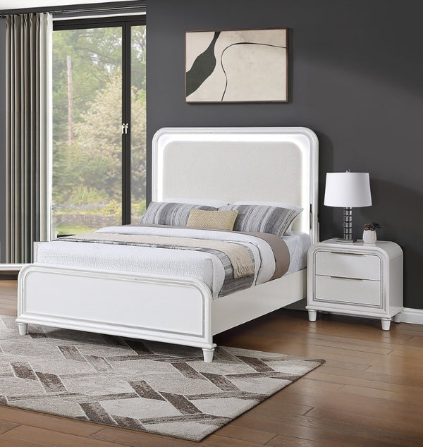 English Elm Bedroom Eastern King Platform Set with LED Headboard Pearl White Acacia Wood Frame B011S04366