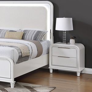 English Elm Bedroom Eastern King Platform Set with LED Headboard Pearl White Acacia Wood Frame B011S04366