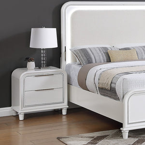English Elm Bedroom Eastern King Platform Set with LED Headboard Pearl White Acacia Wood Frame B011S04366