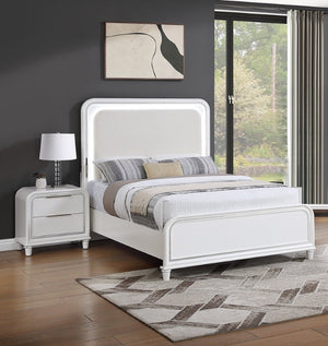 English Elm Bedroom Eastern King Platform Set with LED Headboard Pearl White Acacia Wood Frame B011S04366