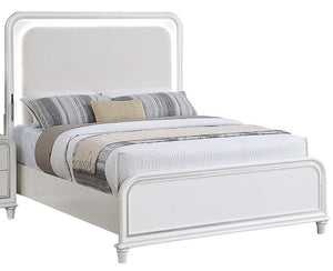 English Elm Bedroom Eastern King Platform Set with LED Headboard Pearl White Acacia Wood Frame B011S04366