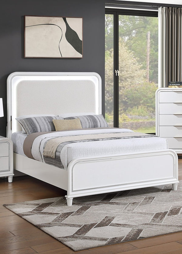English Elm Bedroom Eastern King Platform Set with LED Headboard Pearl White Acacia Wood Frame B011S04366