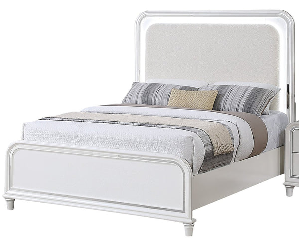 English Elm Bedroom Eastern King Platform Set with LED Headboard Pearl White Acacia Wood Frame B011S04366