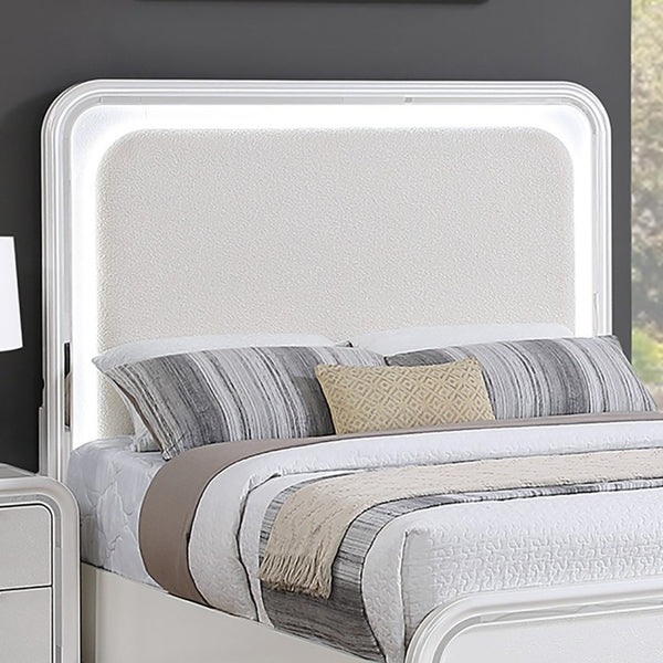 English Elm Bedroom Eastern King Platform Set with LED Headboard Pearl White Acacia Wood Frame B011S04366