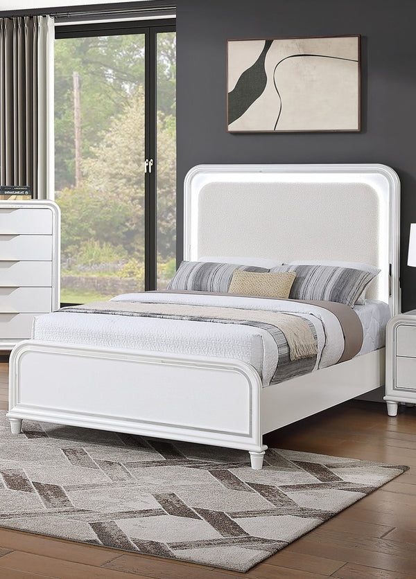 English Elm Bedroom Eastern King Platform Set with LED Headboard Pearl White Acacia Wood Frame B011S04366