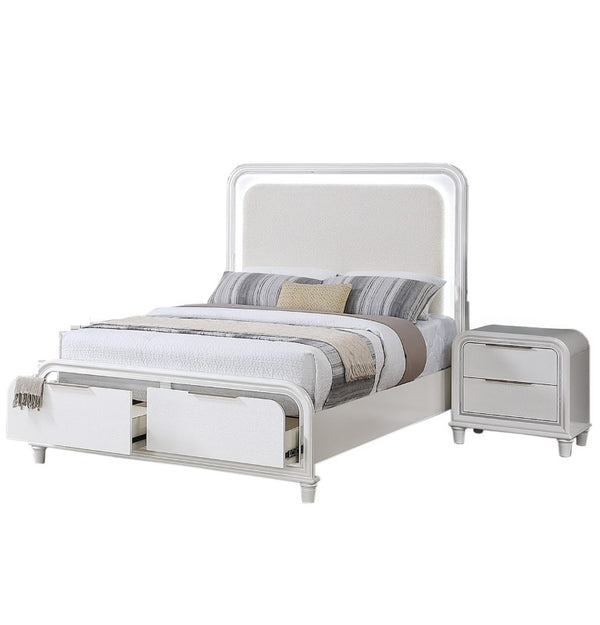 English Elm Classic Queen Platform Bed Set with LED Headboard Nightstands Underbed Storage White B011S04367