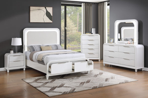 English Elm Classic Queen Platform Bed Set with LED Headboard Nightstands Underbed Storage White B011S04367