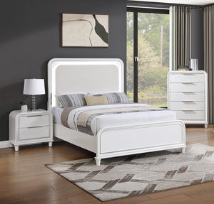 English Elm Queen Platform Bed Set with LED Headboard Pearl White Glam Bedroom 3 Piece B011S04369