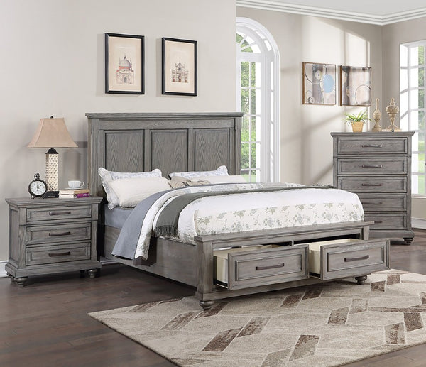 English Elm King Platform Bed Tall Three Panel Headboard Oak Veneer Gray Storage Drawers Included B011S04374