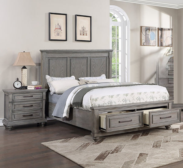 English Elm Gray Oak Veneer Eastern King Panel Bed Set with Tall Headboard and Storage Drawers Gray Transitional B011S04377