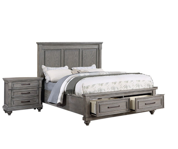English Elm Gray Oak Veneer Eastern King Panel Bed Set with Tall Headboard and Storage Drawers Gray Transitional B011S04377