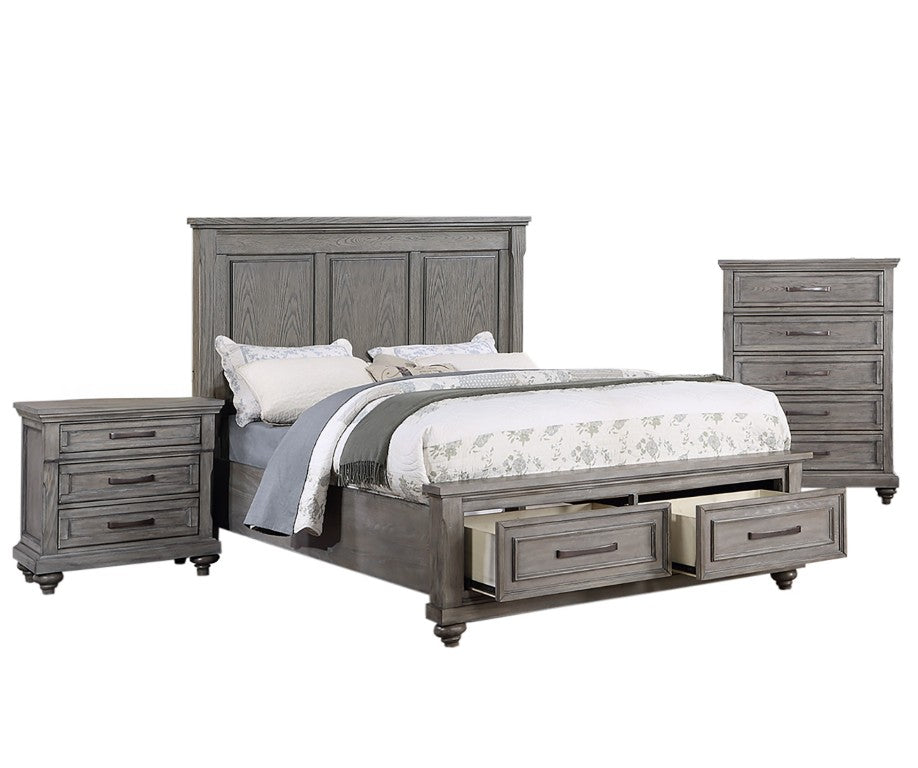 English Elm 3Pc Queen Bedroom Set Oak Veneer Gray Panel Bed Nightstand Chest Farmhouse Storage B011S04378