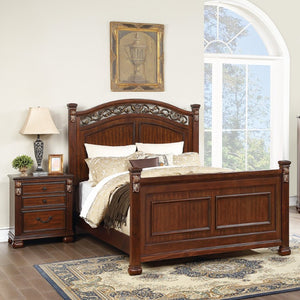 English Elm Traditional Cherry Queen Bed Set with Carved Headboard and Antique Scrollwork Details B011S04382