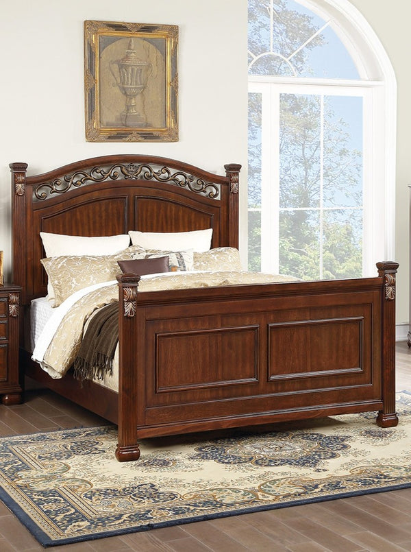 English Elm Traditional Cherry Queen Bed Set with Carved Headboard and Antique Scrollwork Details B011S04382