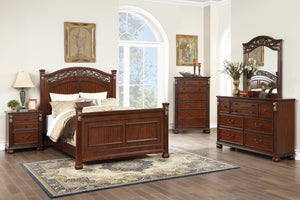 English Elm Traditional Cherry Queen Bed Set with Carved Headboard and Antique Scrollwork Details B011S04382