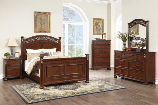 English Elm Traditional Cherry Queen Bed Set with Carved Headboard and Antique Scrollwork Details B011S04382