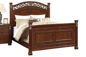 English Elm Traditional Cherry Queen Bed Set with Carved Headboard and Antique Scrollwork Details B011S04382