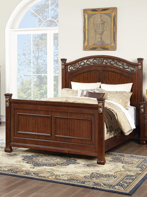 English Elm Traditional Cherry Queen Bed Set with Carved Headboard and Antique Scrollwork Details B011S04382
