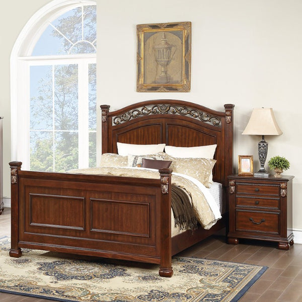 English Elm Traditional Cherry Finish Bedroom Set with Scrollwork Headboard Ornate Carved Details Queen B011S04384