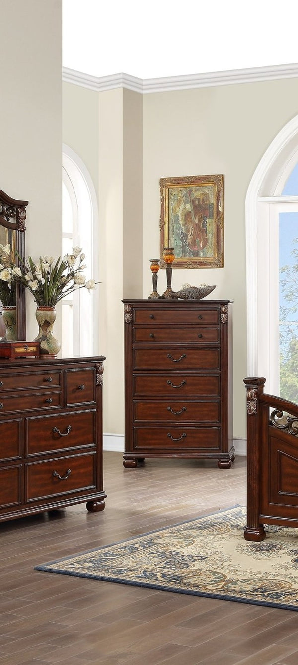 English Elm Traditional Cherry Finish Bedroom Set with Scrollwork Headboard Ornate Carved Details Queen B011S04384