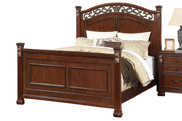 English Elm Traditional Cherry Finish Bedroom Set with Scrollwork Headboard Ornate Carved Details Queen B011S04384