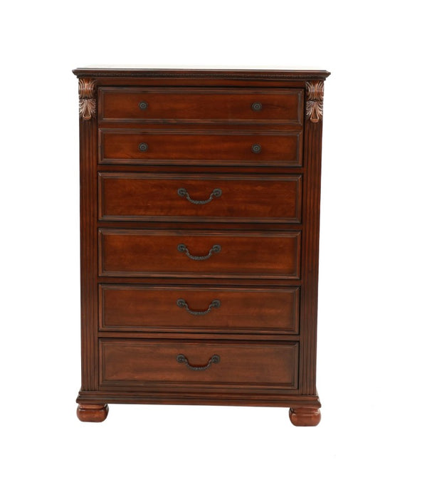 English Elm Traditional Cherry King Bedroom Set with Carved Scrollwork Headboard and Bun Feet B011S04385