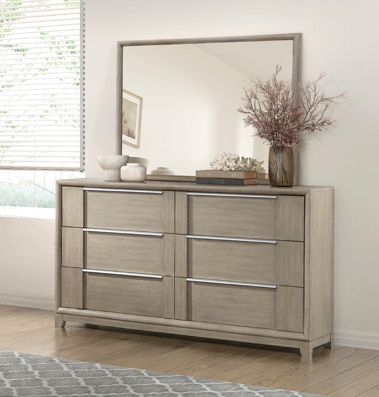English Elm Light Gray Ash Veneer Six Drawer Dresser with Mirror Modern Bedroom Furniture Set Dresser Mirror Set B011S04386