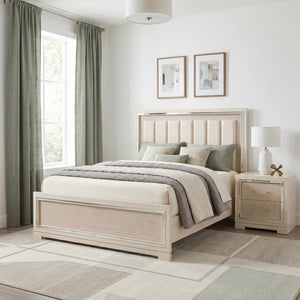 English Elm Modern Glam California King Bed Chenille Headboard Beveled Mirror Trim Gray B011S04391