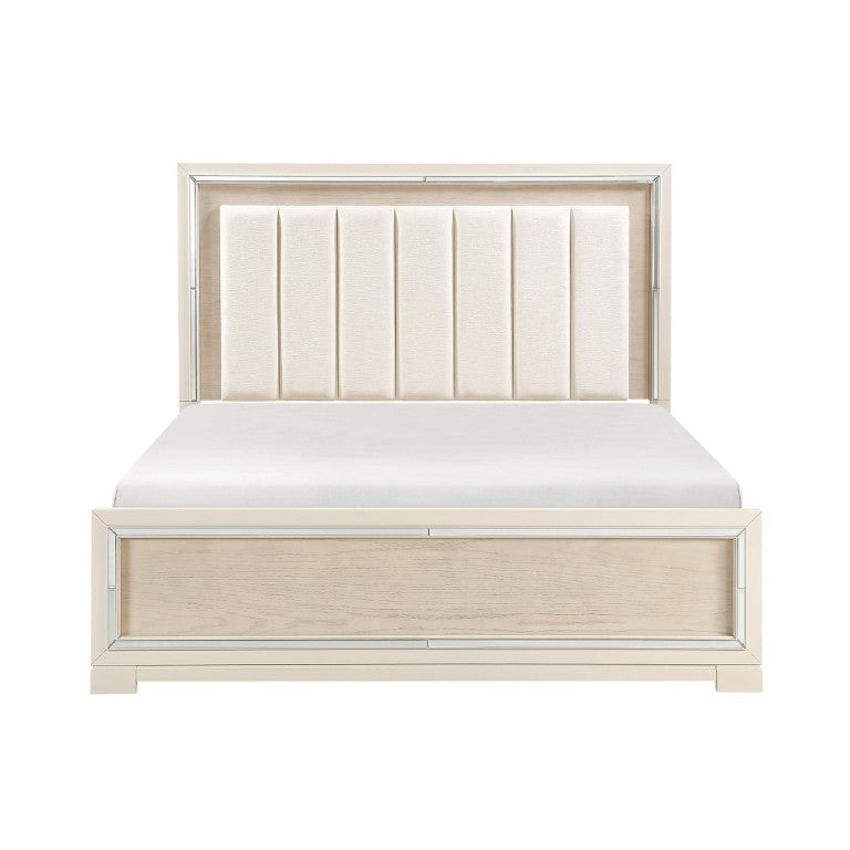 English Elm Modern Glam California King Bed Chenille Headboard Beveled Mirror Trim Gray B011S04391