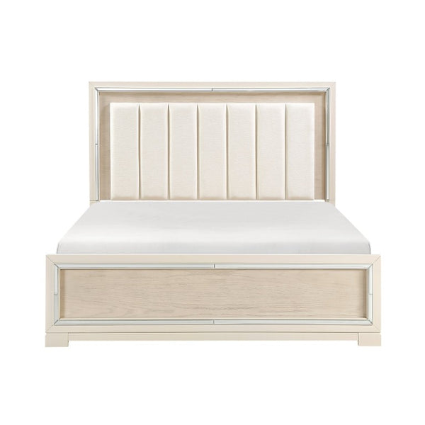 English Elm Modern Glam California King Bed Chenille Headboard Beveled Mirror Trim Gray B011S04391