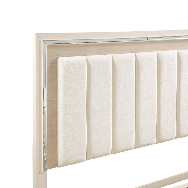 English Elm Modern Glam California King Bed Chenille Headboard Beveled Mirror Trim Gray B011S04391
