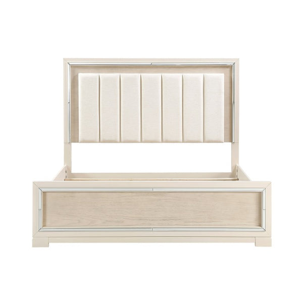 English Elm Modern Glam California King Bed Chenille Headboard Beveled Mirror Trim Gray B011S04391