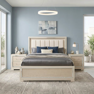 English Elm Modern Glam California King Bed Chenille Headboard Beveled Mirror Trim Gray B011S04391