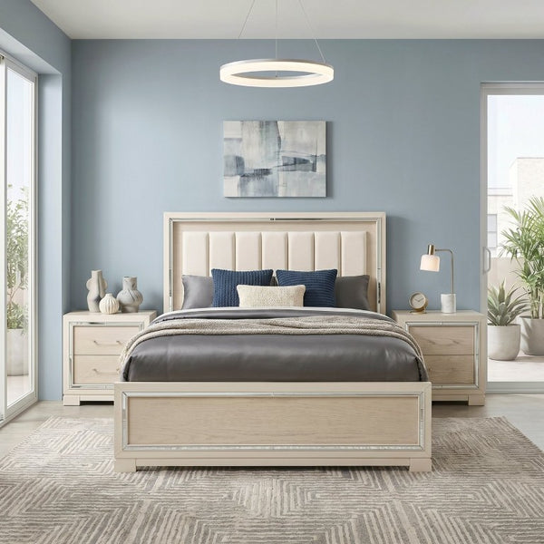 English Elm Modern Glam California King Bed Chenille Headboard Beveled Mirror Trim Gray B011S04391