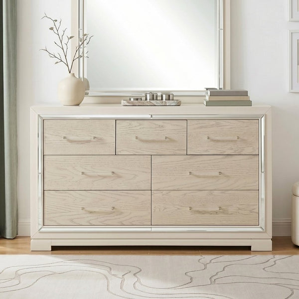 English Elm Modern Glam Tall Five Drawer Chest with Mirror Trim Acrylic Handles Bedroom Storage 7-Drawer Dresser with Mirror B011S04393