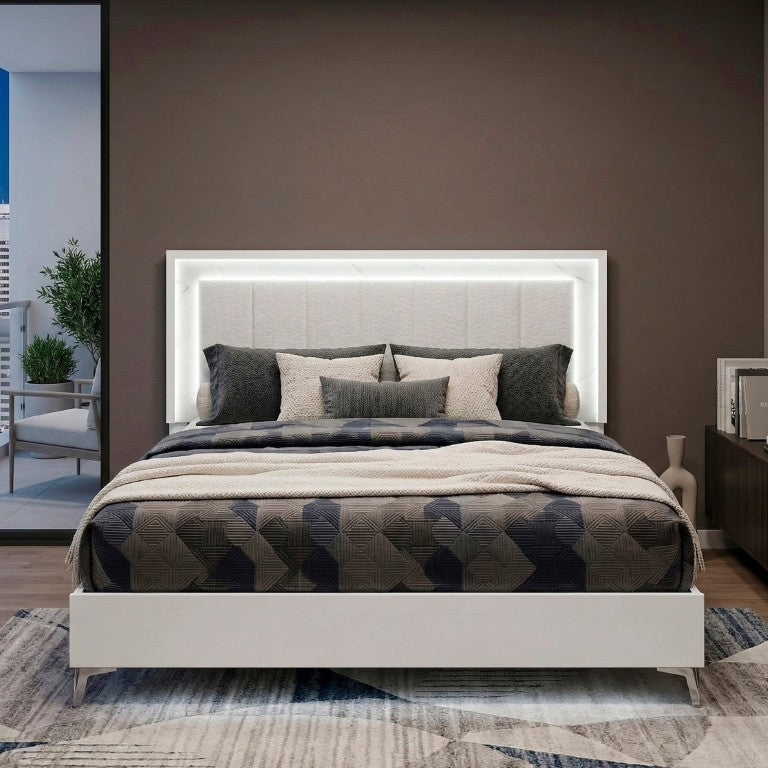 English Elm Glam Eastern King Panel Bed Chenille Tufted Headboard LED Ambient Faux Marble Accents B011S04397