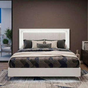 English Elm Glam Eastern King Panel Bed Chenille Tufted Headboard LED Ambient Faux Marble Accents B011S04397