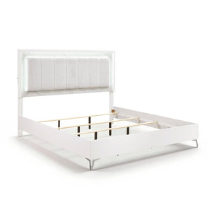 English Elm Glam Eastern King Panel Bed Chenille Tufted Headboard LED Ambient Faux Marble Accents B011S04397