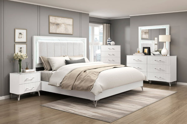 English Elm Glam Eastern King Panel Bed Chenille Tufted Headboard LED Ambient Faux Marble Accents B011S04397