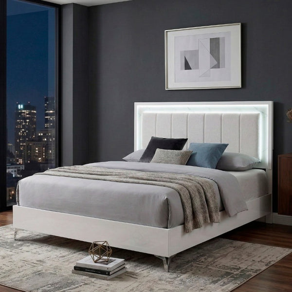 English Elm Glam Eastern King Panel Bed Chenille Tufted Headboard LED Ambient Faux Marble Accents B011S04397